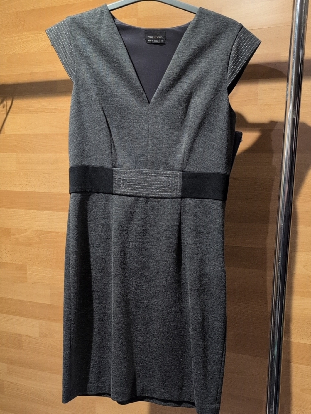 Max & Cleo Charcoal Grey V-Neck Midi Dress with Black Waist Band